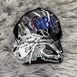 NBA Black Adjustable Hat Graphic Embroidered Logo Dragon Print Baseball Men’s